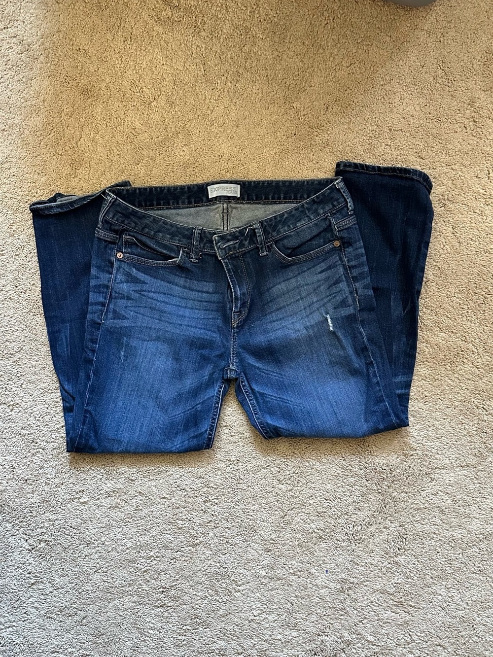 Express Women's Cuffed Cropped Boyfriend Style Jeans in Dark Blue Wash